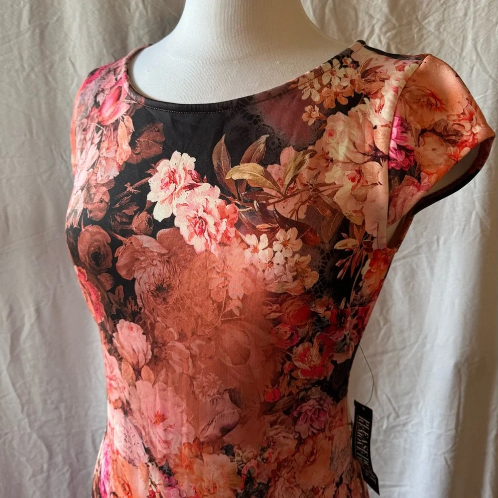 Pink Orange Sheath Midi Dress Cap Sleeves Floral Print Cocktail NWT M Sexy Chic